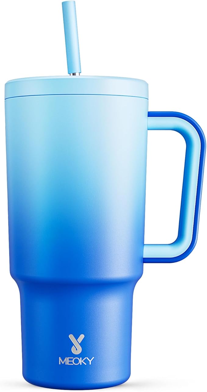 Meoky 30 oz Tumbler with Handle, Tumbler with Lid and Straw, Insulated Stainless Steel Travel Mug, 100% Leak-proof, Cupholder Friendly, Keeps Cold for 24 Hours or Hot for 8 Hours (Sky)