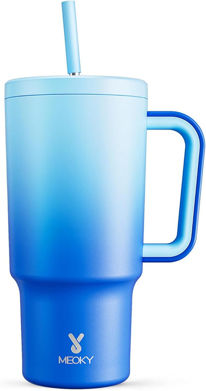Meoky 30 oz Tumbler with Handle, Tumbler with Lid and Straw, Insulated Stainless Steel Travel Mug, 100% Leak-proof, Cupholder Friendly, Keeps Cold for 24 Hours or Hot for 8 Hours (Sky)