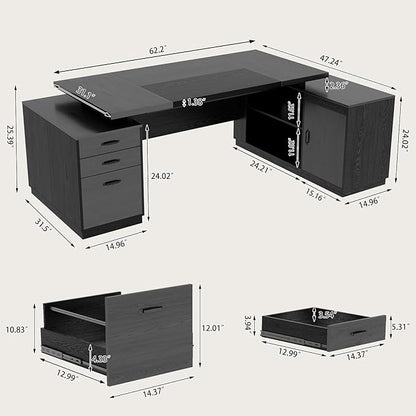 L Shaped Desk with Drawers for Home, 78-Inch Executive Office Desk with Power Outlet, Large Home Office Desks with Open Shelf and Storage Cabinet for Home, Grey Black