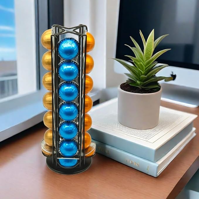 Vertuo Pod Holder Carousel Stand for 28 Nespresso Vertuo Capsule Storage Organizer with Extra Space for Coffee Mate Silent Rolling，Black