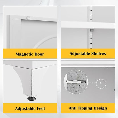 Metal Sideboard Buffet Cabinet with Storage,33 Inch Coffee Bar Cabinet with Adjustable Shelf, White Kitchen Sideboard Cabinets for Dining Room, Living Room