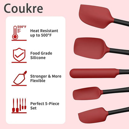 Coukre Silicone Spatula Set of 5,High Temperature Resistant, Food Grade Silicone, Dishwasher Safe, for Baking, Cooking (Red Black)