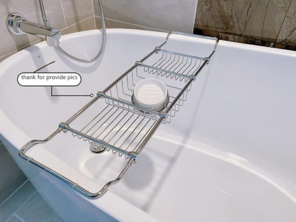 Brass Expandable Bathtub Caddy Over Tub Rack with Chrome Polished Finish for Elegant Bath Storage