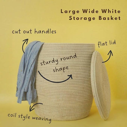 Large Woven Storage Basket with Lid, Laundry Hamper, 20 x 18 Inch Round Decorative Container for Toys, Blankets, Towels, Cut Out Handles (Solid)