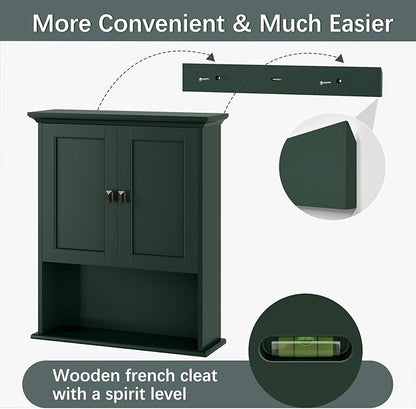 Bathroom Wall Cabinet, Wooden Medicine Cabinet Above Toilet Storage Cabinet with Doors and Adjustable Shelf Wall Mounted Storage Organizer Cabinet Over Toilet Cabinet (Forest Green)