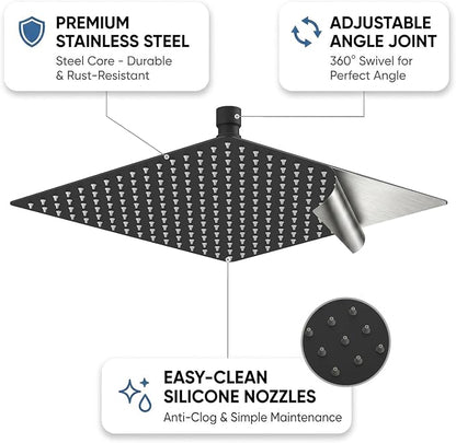 BESy 12 Inch Rain Shower Head, 12" Square Rainfall & High Pressure Stainless Steel Bath Showerhead, 1/16" Ultra Thin, Waterfall Full Body Coverage with Silicone Nozzle, Matte Black Finish
