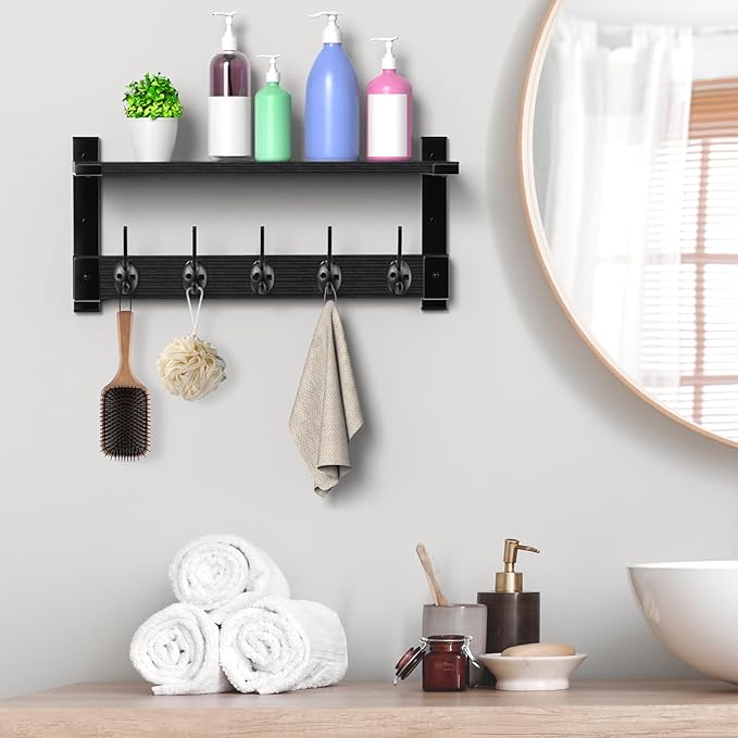 Wall Hooks with Shelf, Coat Rack Wall Mount, Entryway Hanging Shelf for Clothes Backpack Key Purse, Shelf with Hooks Hanging in Living Room, Bathroom, Bedroom, Kitchen
