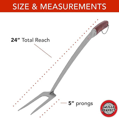 Grill Fork 24-inch Super Long for Grilling Barbecue Griddle and Fire Pit Extra Strong Curved Neck Premium Hardwood Handle Large Stainless Steel Tines for BBQ Outdoor Kitchen and Grilled Food