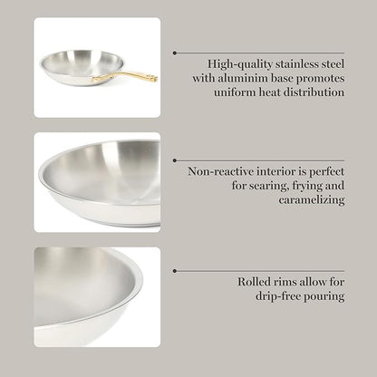 Martha Stewart Castelle 9.5-Inch Stainless Steel Frying Pan with Gold-Tone Handle – Tri-Ply Encapsulated Bottom, Oven Safe & Induction Safe Skillet for Searing and Sautéing