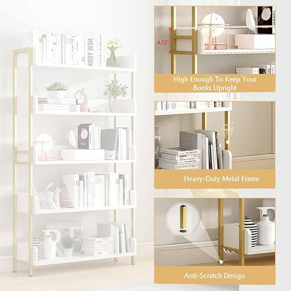 Wide Open Shelf Bookcase - Modern 3-Tier Floor Standing Display Bookshelf with Three-Side Panels for Home and Office, Storage Shelving in Warm White with Gold Frame