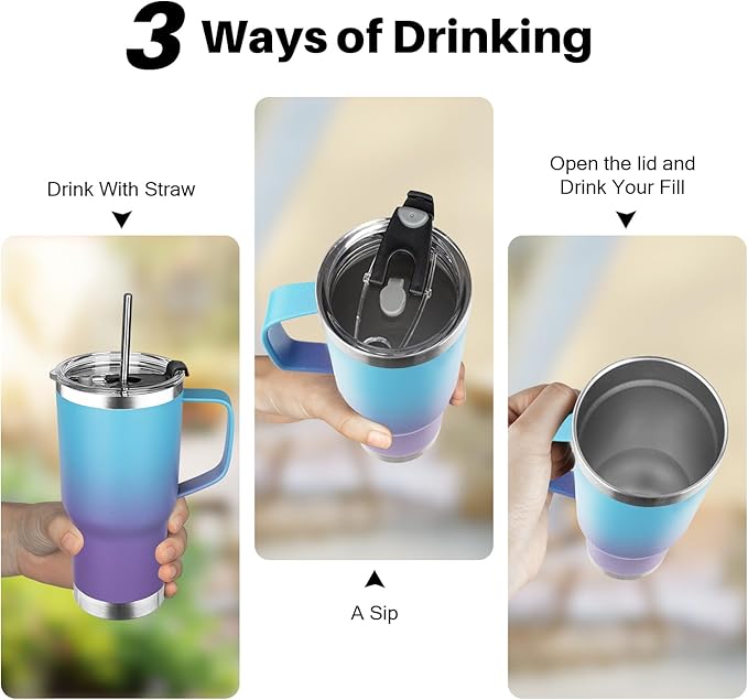 20 oz Tumbler with Handle, Stainless Steel Insulated Tumbler with Lid and Straw, Double Wall Vacuum Coffee Mug Tumbler, Insulated Coffee Thermal Cup for Cold and Hot (Blue Purple)