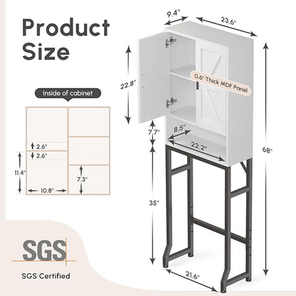 USHOWER Over The Toilet Storage Cabinet, Bathroom Organizers and Storage with Barn Doors, Thicken Metal Stand & MDF Wood Above Toilet Storage Cabinet, Freestanding Space Saver, White