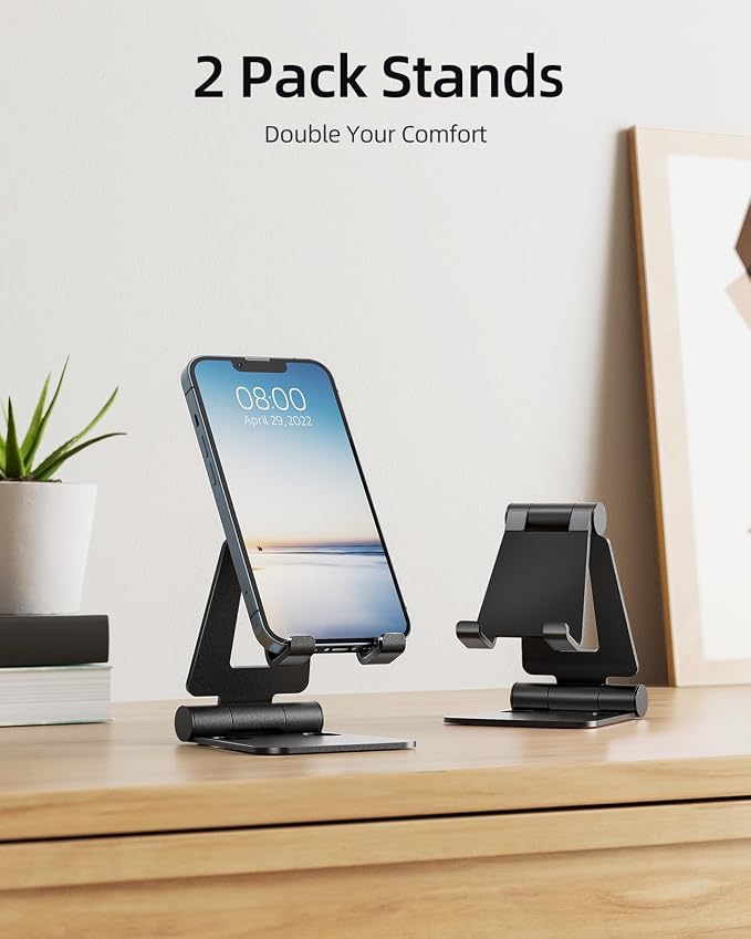 Nulaxy 2 Pack Dual Folding Cell Phone Stand, Fully Adjustable Foldable Desktop Phone Holder Cradle Dock Compatible with iPhone 17 16 15 14 13 12 Pro Max Xs Xr X 8, All Phones, Black