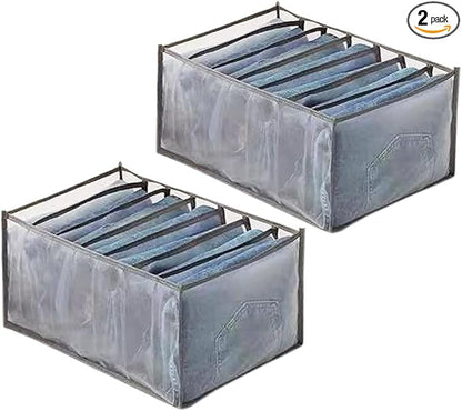Wardrobe Clothes Organizer, 7 Grids Washable Portable Closet Organizer Mesh Separation Storage Box Foldable Closet Drawer Organizer for Underwear, Socks, Scarves, Jeans (Grey, 2 Jeans Grid)