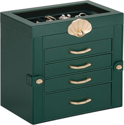 Jewelry Box with 4 Drawers: Display Organizer for Earrings Necklaces - Gifts for Girls Women (Forest Green)