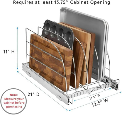HOLDN’ STORAGE Pull Out Organizer for Bakeware, Cutting Board and Trays, Adjustable Dividers - Heavy Duty, Lifetime Limited Warranty - For Narrow Cabinet Spaces, 12.5”W x 21”D x 11”H, Chrome