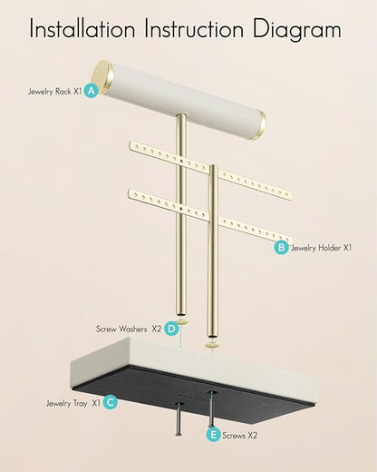 Vlando 2 Tier Necklace Holder Organizer with Tray, Leather Bracelet Holder Display for Women, Gold Jewelry Holder Stand for Bracelet, Necklace, Earrings, Rings - Cloud White