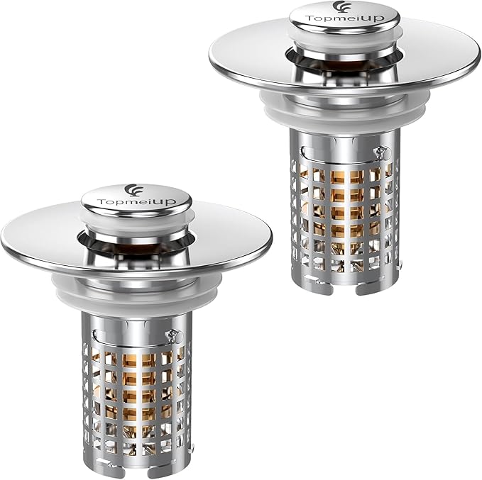 Sink Stopper Hair Catcher, Pop-up Sink Drain Strainer with Removable Stainless Steel Strainer Basket Hair Catcher, Bathroom Sink Strainer for Bathroom Sink Stopper (2PCS)