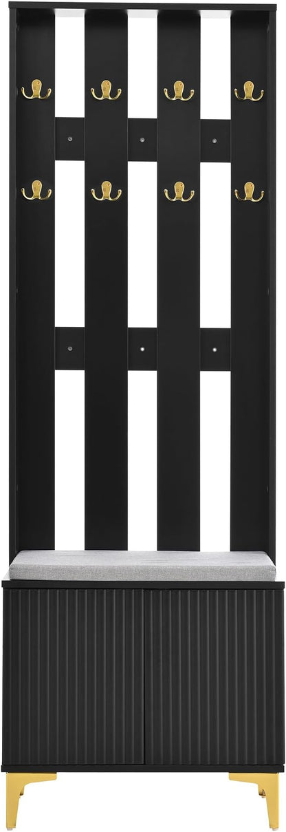 Merax Modern Luxury 3-in-1 Hall Tree with Cushion, Wood Versatile Coat Rack with Adjustable Shelves for Entrance, Hallway Black