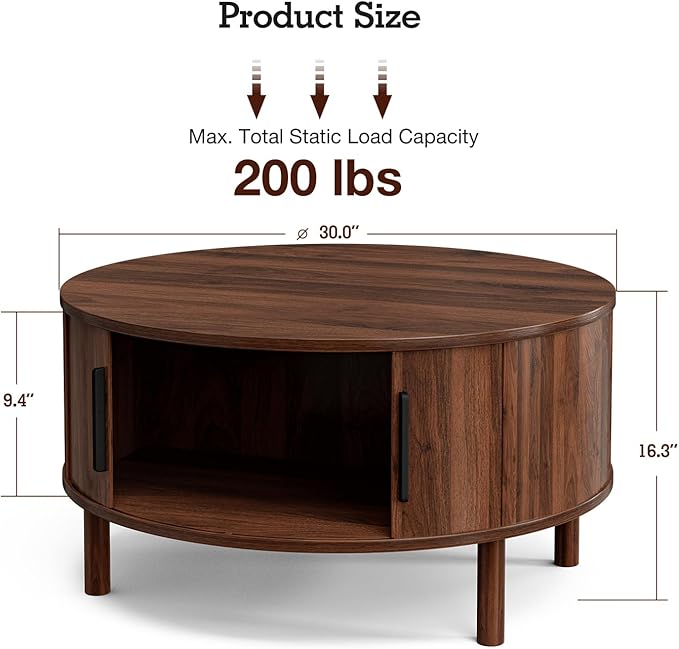 ZttRiee Coffee Table for Living Room, Modern Round Coffee Table with Cabinets & Sliding Doors, Home Small Space, 29.9" Fluted Center Table, Walnut