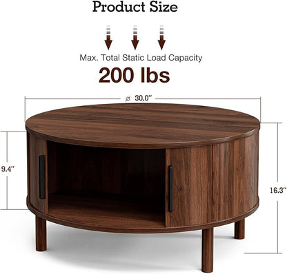 ZttRiee Coffee Table for Living Room, Modern Round Coffee Table with Cabinets & Sliding Doors, Home Small Space, 29.9" Fluted Center Table, Walnut