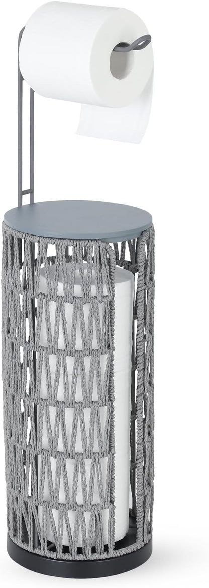 Trongee Boho Toilet Paper Holder with Storage，3 Rolls of Freestanding Toilet Paper Roll Holder Stand,Wicker Tissue Holder for Bathroom,Rattan Sturdy Bathroom Decor Farmhouse Toilet Paper Storage-Grey