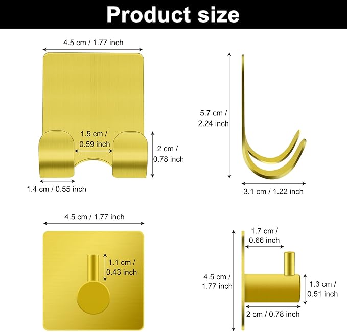 CGBE 4 Packs Shower Hooks for Inside Shower, Self Adhesive Shaver Holder Hanger Hooks for Bathroom Damage Free Wall Hooks for Razor Loofah Sponge - Gold