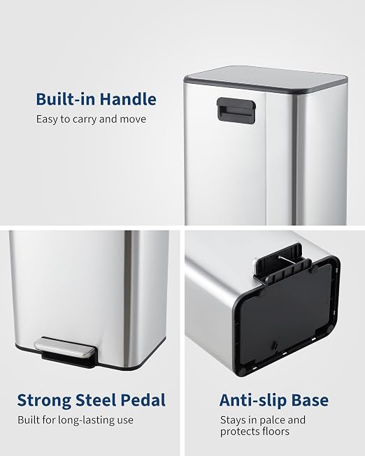 4 Gallon/15 Liter Trash Can, Stainless Steel Step Garbage Can with Quiet Soft-Close Lid, Foot Pedal & Removable Inner Bucket, Rectangular Trash Bin for for Living Room Home Office, Silver