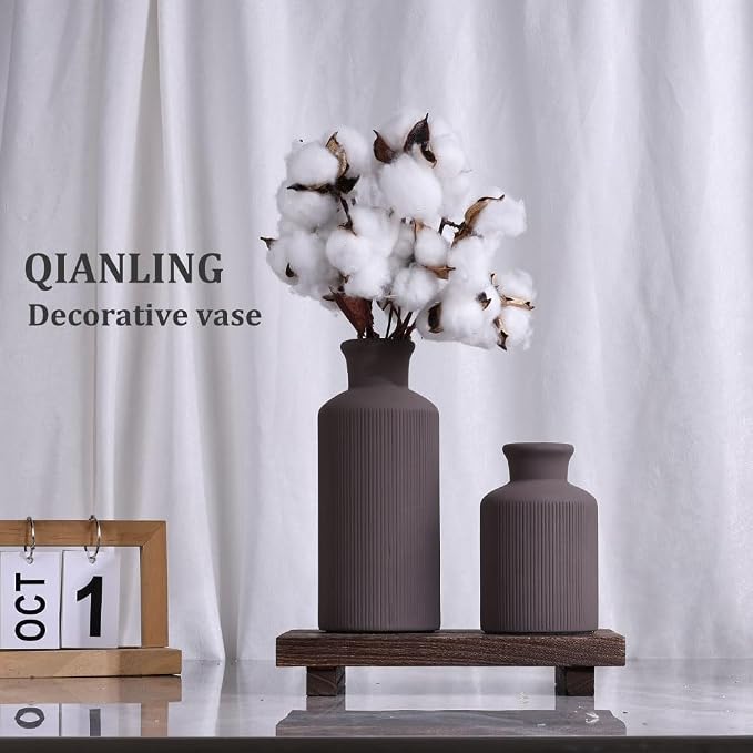 Brown Ceramic Vases Set - 3 Brown Small Vase, Farmhouse Country Vases Home Decor, Living Room Decoration, Table Decoration, Fireplace Decor, and Entrance Decorations Centerpieces