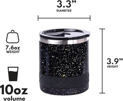 Elemental Recess Lowball Tumbler, 10oz Triple Wall Stainless Steel Cup with Non-Shattered Tritan Lid, Insulated Whiskey Glass, Insulated Coffee Tumbler Mug for Hot & Cold Drinks - Black Speckle