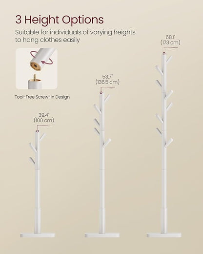 VASAGLE Solid Wood Coat Rack, Free Standing Hall Coat Tree with 8 Hooks, 3 Height Options, for Coats, Hats, Bags, Purses, for Entryway, Hallway, Rubberwood Hooks and Pole, Cloud White URCR010W02