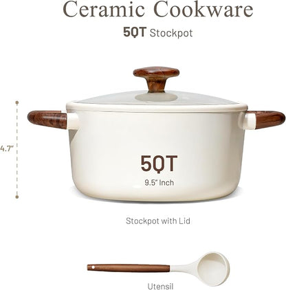 CAROTE 5QT Nonstick Stock Pot with Lid, 5 Quart Casserole with Ladle, Even Heating Stockpot, Fits All Stoves, Non Stick Big Cooking Pots PFOA Free, White