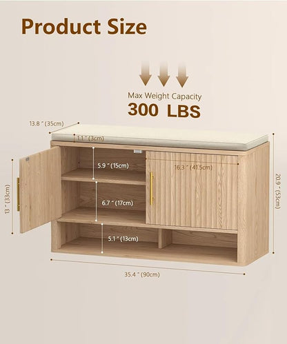 Fluted Shoe Storage Bench with Cushion, 3-Tier Entryway Bench with Adjustable Shelves and Open Bottom Shelf, Hidden Shoe Organizer Cabinet, for Hallway, Living Room, Bedroom, Natural Oak