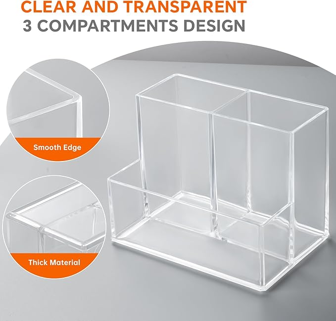 2 Packs Pen Holder for Desk, Clear Acrylic Pencil Holder for Desk, Marker Holder with 3 Compartments, Pencil Organizer for Home, Office, Classroom, Bathroom