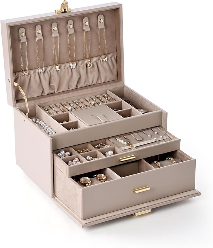 3-Tier Jewelry Box, Jewelry Organizer Box with 2 Drawers, Large Storage Capacity for Necklace Bracelets Earrings Rings, Lockable, Christmas Gift for Women, Light Taupe
