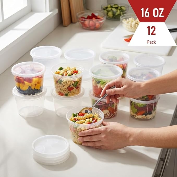 Mr Miracle 16 oz Clear Deli Containers with Lids. Pack of 12. Airtight Reusable Plastic Food and Multi-Purpose Containers. Microwave, Freezer and Dishwasher Safe