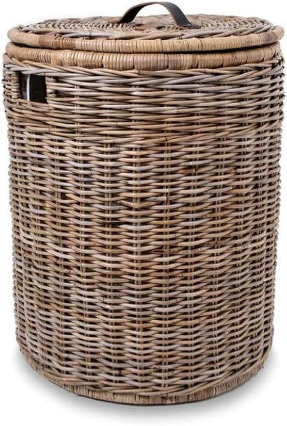The Basket Lady Round Wicker Laundry Hamper, Large, 19 in Dia x 25 in H, Serene Grey…