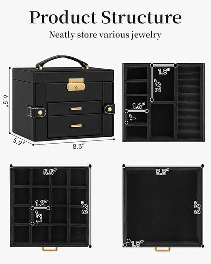 TORIBIO Jewelry Box for Women, Leather Jewelry Organizer with Mirror & Lock, 3-Tier Jewelry Storage Organizer with 2 Drawers for Girls/Women/Mothers, Necklace Earring Bracelets Holder Organizer