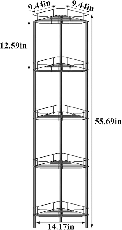5 Tier Floor Standing Corner Shower Caddy Organizer Shelf with Hooks, Bathroom Shelves Stand Rack, Matt Black