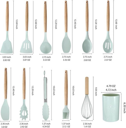 KSENDALO 12-Piece Silicone Kitchen Utensil Set with Holder - Wooden Handle, Heat Resistant Non-Stick Cooking Tools for Baking, Frying & Stirring (Aqua)