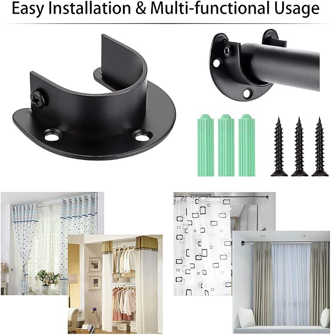 OwnMy 4 Packs Closet Rod End Supports Brackets 1-1/2" Diameter, U Shaped Stainless Steel Closet Pole Sockets Flange Rod Holder for Closet Wardrobe Shower Curtain (Black)