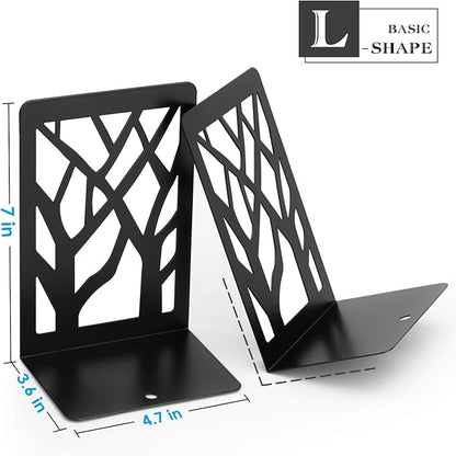 MaxGear Book Ends Tree Design Modern Bookends for Shelves, Non-Skid Bookend, Heavy Duty Metal Book Stopper for Books/DVDs, Decorative CD Holder & Video Game Organizer, 7 x 4.7 x 3.5”, Black