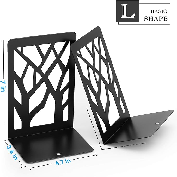 MaxGear Book Ends Tree Design Modern Bookends for Shelves, Non-Skid Bookend, Heavy Duty Metal Book Stopper for Books/CDs, Decorative Book Shelf for Home, 7 x 4.7 x 3.5”, Black (4 Pair/8 Pieces, Large)