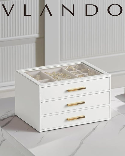 Vlando Jewelry Box for Women, Glass Lid Jewelry Organizer with 3 Drawers for Necklaces Rings Earrings Bracelets Christmas Gift - White