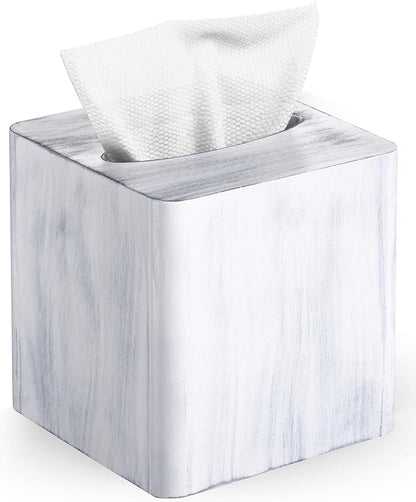 Livelab Tissue Box Cover Square - Oak Wood Tissue Box Holder for Living Room, Dinner Table, Bathroom, Office - Decorative Wooden Cube Facial Tissue Cover for Modern Farmhouse Home Decor | Whitewash