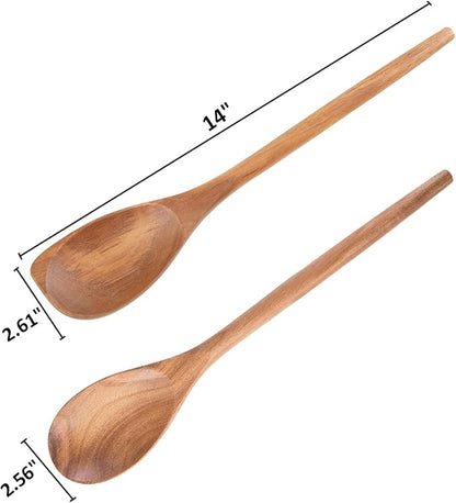 MornHalo 2PCS Acacia Wooden Spoons For Cooking-14 Inch Smooth Finish Cooking Spoons-Comfortable Grip Wood Spoons for Cooking - Non-Stick Cooking Utensils (Spoon + Corner spoon)