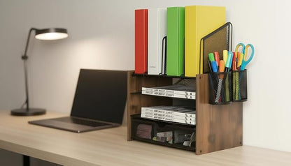 Wooden & Metal Desk Organizer – 4-Tier Vertical Desktop Storage with File Trays, Pen Holder & Drawer – Space-Saving Office & Home Workspace Organizer