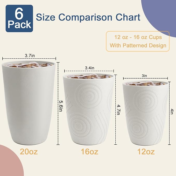 Drinking Glasses 20 OZ Tumbler Large Cups Wheat Straw Cups Set of 6 | Alternatives to Plastic Tumbler Dishwasher Safe Water Glasses Drinking Cup Reusable Cups for Kitchen - White