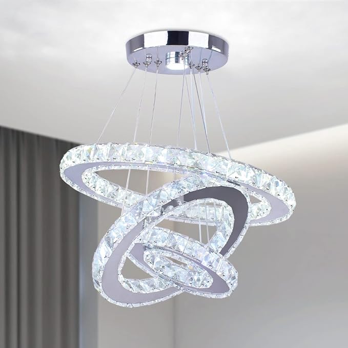 Modern Crystal Chandeliers 3 Rings Round LED Chandelier Fixtures DIY Pendant Lighting Stainless Steel Adjustable Chandelier Ceiling Light for Dining Room Bedroom Living Room (Cool White)