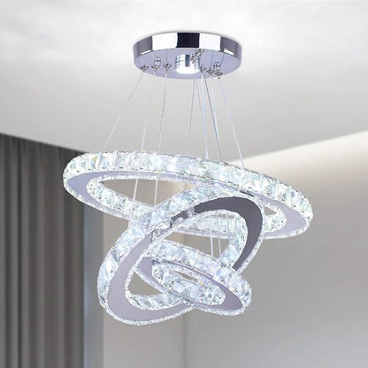 Modern Crystal Chandeliers 3 Rings Round LED Chandelier Fixtures DIY Pendant Lighting Stainless Steel Adjustable Chandelier Ceiling Light for Dining Room Bedroom Living Room (Cool White)